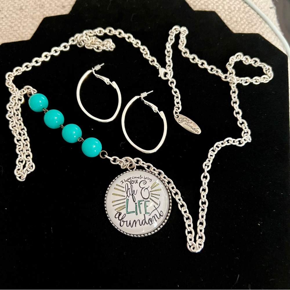 Plunder long lariat necklace inspirational pendant & silver hoop earrings lot
